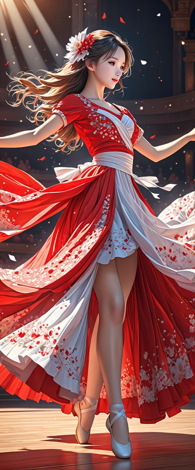 Long-haired dancer wearing red gauze skirt.white ribbon.Classical and elegant dance costumes.Dancing on the stage.Beautiful and extremely textured foreground and background,detailed, bright, Animation style high definition and high quality presentation((Masterpieces in up to 16K resolution):1.6),((soft_color_photography:)1.5), ((Super detailed):1.4),((Typical static images and dynamic angles):1.3), ( perfect anatomy )Complex patterns, soft shadows, highly detailed structures, digital art, high detail,