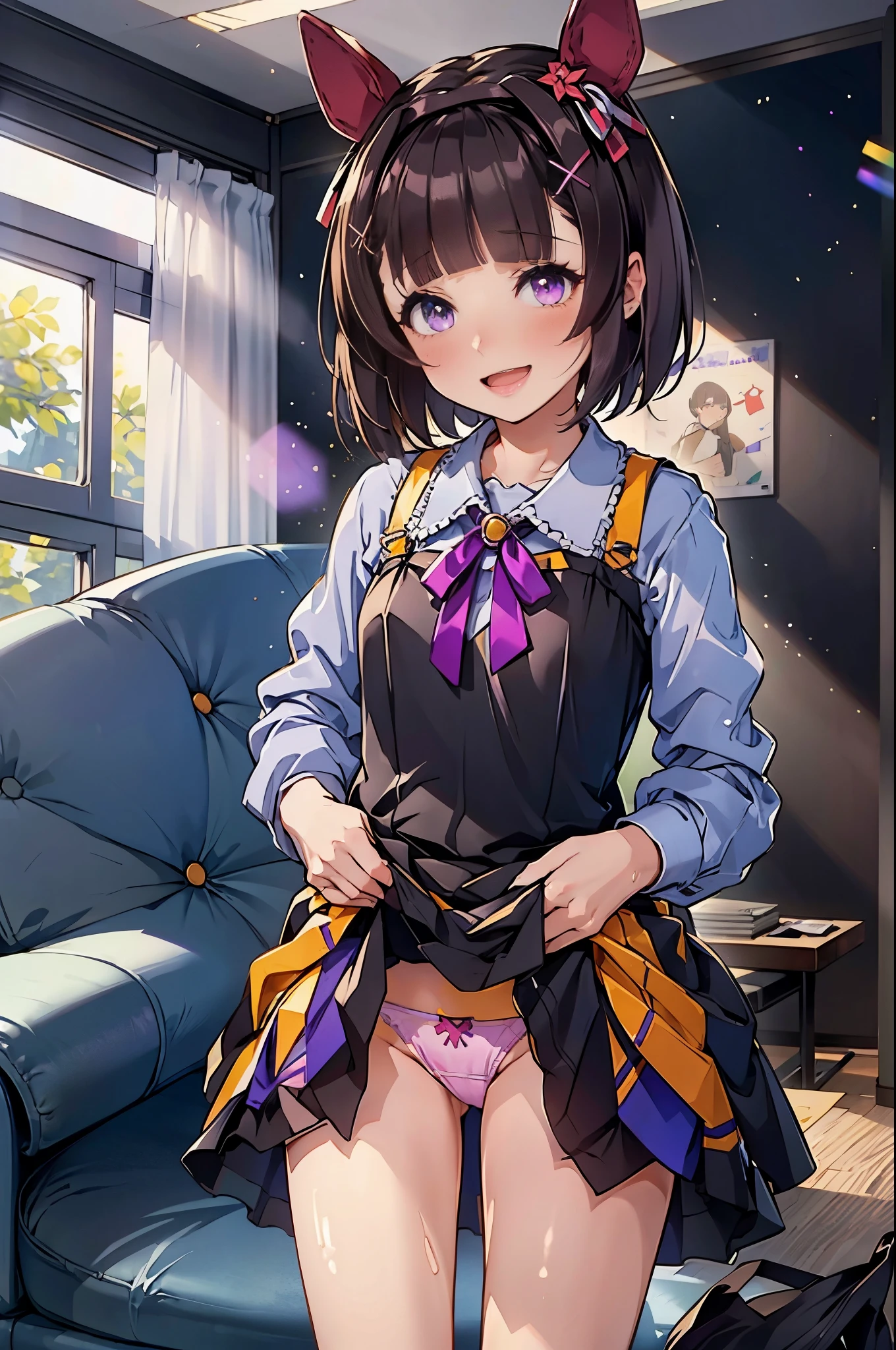 Highest quality, masterpiece, High resolution,((Perfect hands, Perfect Legs, Perfect Anatomy)), (indoor, office, living room), Pull up the dress,Revealing clothing,Uma Musume,Nishino Flower,short hair,Red headband,Beautiful purple eyes,Purple and yellow dress,ribbon,,,Curvaceous,garden,smile with open mouth,blush,Embarrassed face,Small breasts,smile,Skirt Lift, ,((panties))
