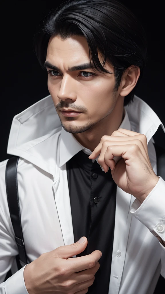 Male Photos, elegant type, 60s, Double Bang, Middle-aged face, Black Background, White shirt、black broad shoulders, Bend your fingertips, 