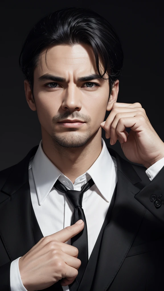 Male Photos, elegant type, 60s, Double Bang, Middle-aged face, Black Background, White shirt、black broad shoulders, Bend your fingertips,