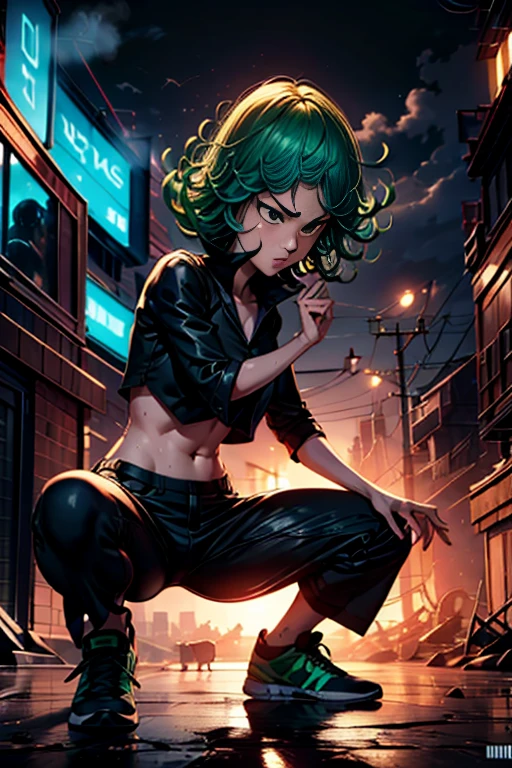 (masterpiece, best quality:1.2), Tatsumaki, solo, breakin dancer, power movements, strenuous movements, intense footwork, squatting down with one leg stretched out, Dynamic Motion Blur, Sweat shines and pops, cyberpunk, lips apart, (green hair, brown eyes), Anatomically accurate hands and fingers, (crop top, cargo pants, sneakers), Fluttering hair, particles, atmosphere full of steam, professional lighting, cinematic lighting, Dynamic action scenes,  