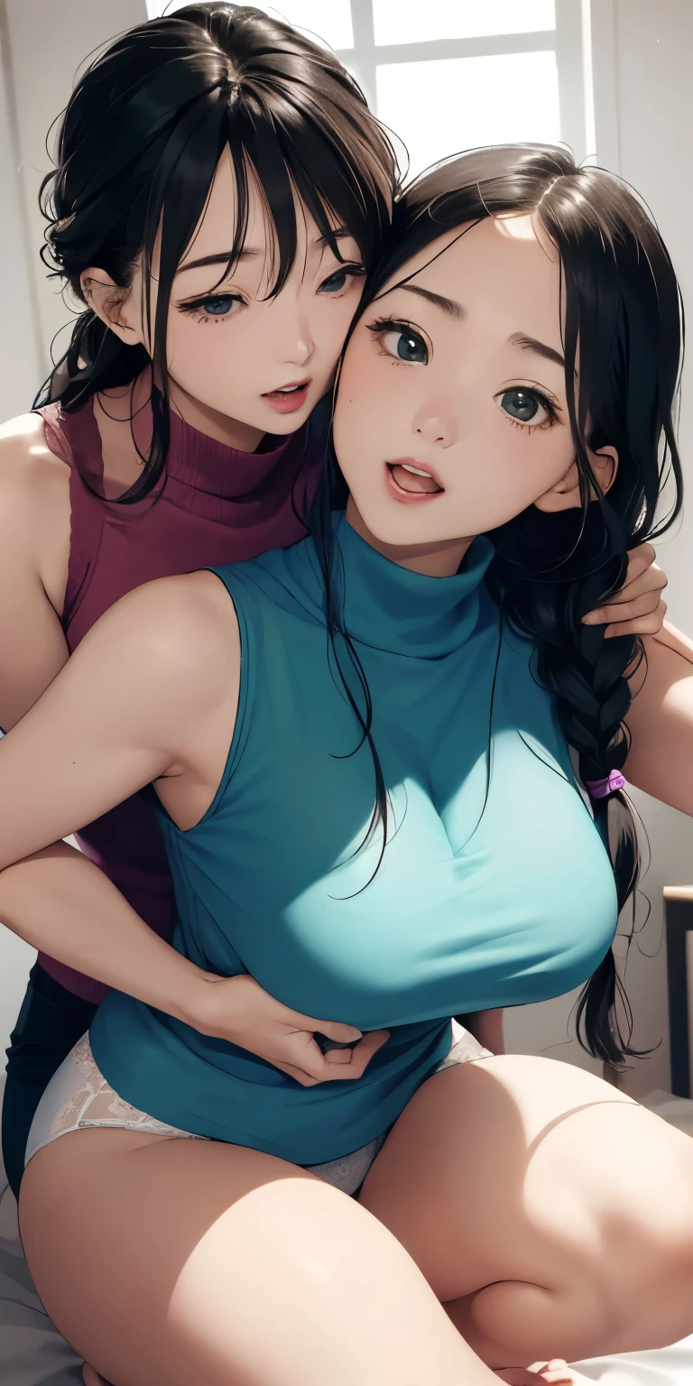 Background Bedroom、See-through、((squat))(Open mouth climax face)、Braided Hair、Cute face drawing、Realistically、(Two 29-year-old women embracing each other, cleavage emphasized)、Wearing a turquoise and yellow turtleneck sleeveless t-shirt,,Big Breasts,Accentuate your cleavage,Looking up from below,blush,moist pink lips,sexy,Own,Please open your mouth wide、Place your arms behind your head、Wear underwear