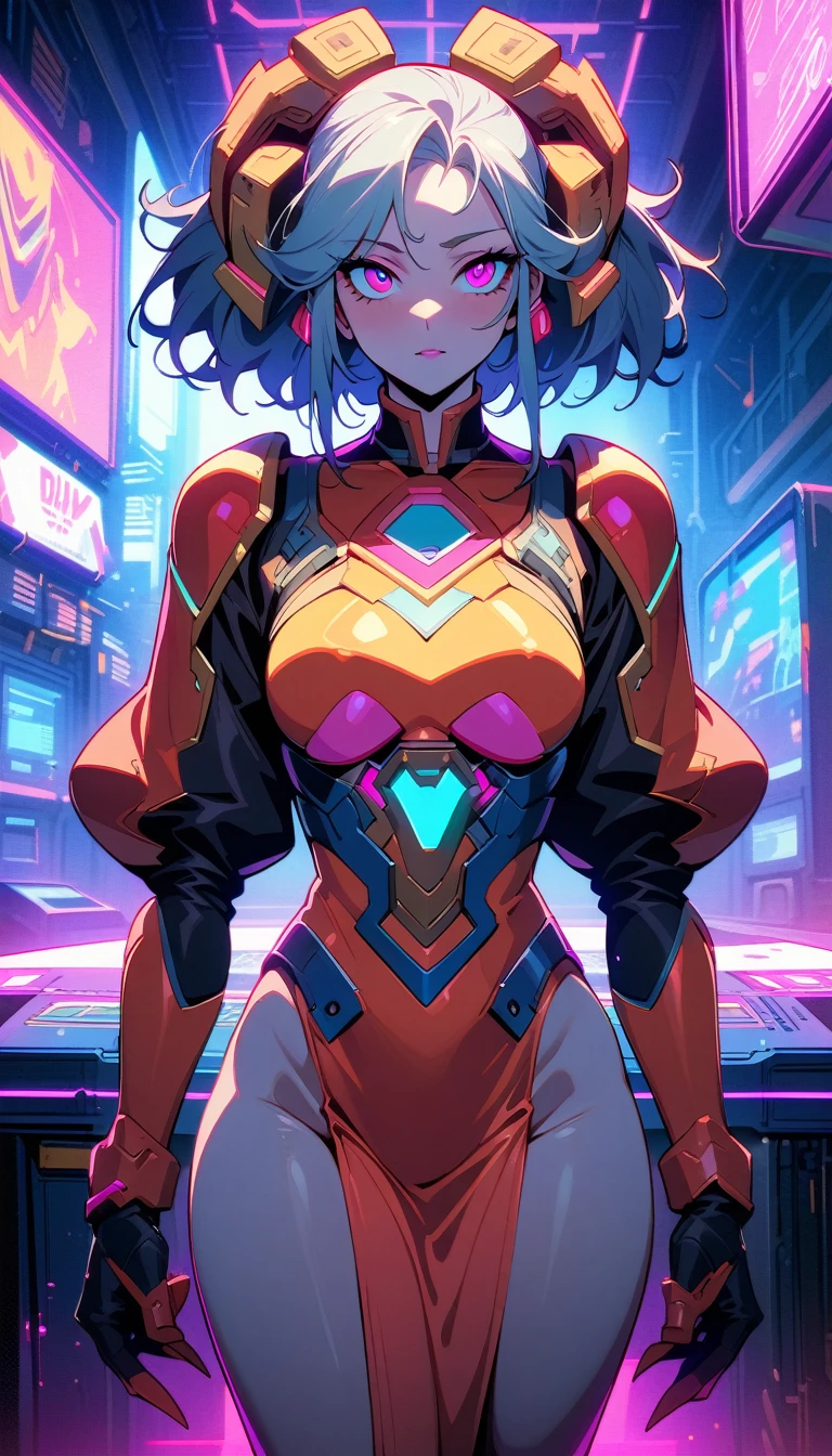 ((best quality)) , ((masterpiece)) , (detailed),Pyrogravure of a masterpiece, Functional (Female Ifrit:1.2) in a Oriental setting, dressed in armor, Sharp and in focus, Proud,retro cyberpunk . 80's inspired, synthwave, neon, vibrant, detailed, retro futurism
