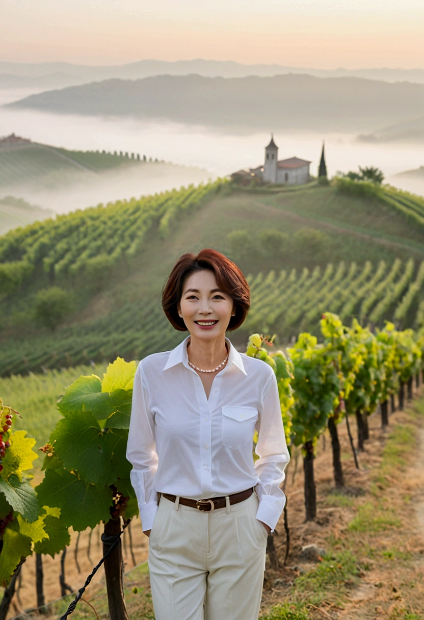 Italy foggy countryside dawn, Endless vineyards, A cathedral can be seen far away in the fog.. Close-up of a Korean woman in her 40s, Wearing a luxury brand long-sleeved white shirt, casual pants, Korean woman with beautiful short medium bob hair, Standing on a path on top of a vineyard hill, Korean woman with bright and beautiful skin, Stunning Korean woman smiling, standing in the vineyard , 1 woman