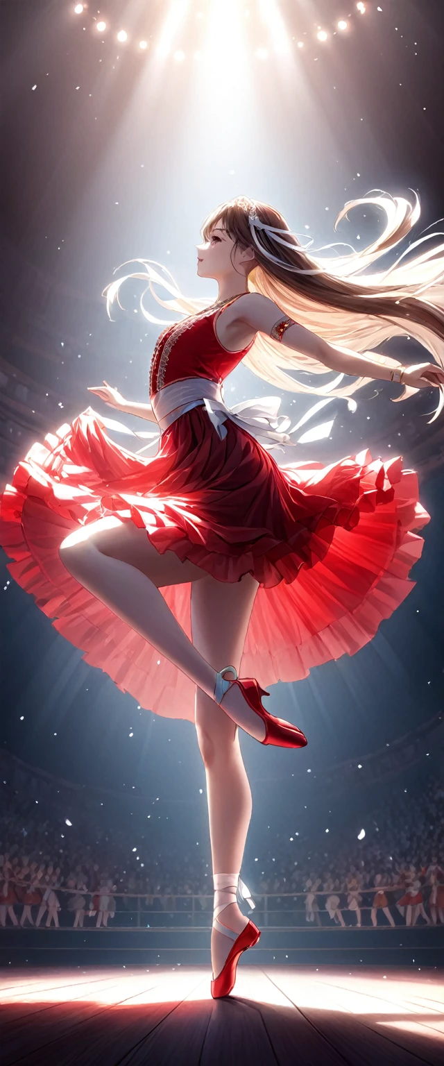 Long-haired dancer wearing red gauze skirt.white ribbon.Classical and elegant dance costumes.Dancing on the stage.Beautiful and extremely textured foreground and background,detailed, bright, Animation style high definition and high quality presentation((Masterpieces in up to 16K resolution):1.6),((soft_color_photography:)1.5), ((Super detailed):1.4),((Typical static images and dynamic angles):1.3), ( perfect anatomy )Complex patterns, soft shadows, highly detailed structures, digital art, high detail,