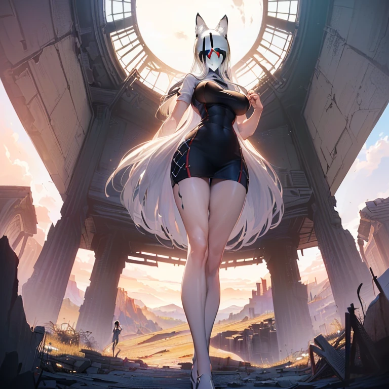 (8k, Realistic, RAW Photos, Highest quality, (from below:2),looking at the camera: 1.3), (Fox Girl, Fox Ears, Silver Hair, One Girl, Long Hair, (Alone on the screen, dark skin), High definition:1.6), (armor, Too much exposure:2), (Body measurements are 99-55-77!, Height: 145cm, Nice body, Big Breasts, slender, muscle, (Stand with your legs apart, I can see the valley):1.9),(美しいface, Delicate drawing, It is written down in detail), Avatar, face, 色っぽいface, Dominant representation, naughty face, Uplifting, Skin Texture, outside, ruins, Ruined City, Broken Building, There are no people