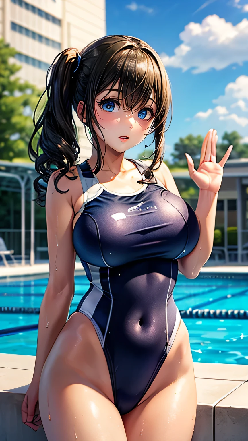 ((1 girl)), masterpiece, Highest quality, 8k, Young and beautiful girl, Baby Face、The clothes are big 、Morphologically correct、 (Round face),  Cute Face, Thighs, Poolside、smile、 Compensate, 10 generations, Detailed face, Background Blur、((((((high school girl))))))、(((School Swimsuit)))、navy School Swimsuit, ((Wet swimsuit)), ((Tight swimsuit)), Close-fitting clothes, Written boundary depth, Tight waist、 ((Big Breasts))、(((High leg swimsuit:1.2)))、Underarm, (Please raise your hand),, (Black Hair)、(Low Twintails)