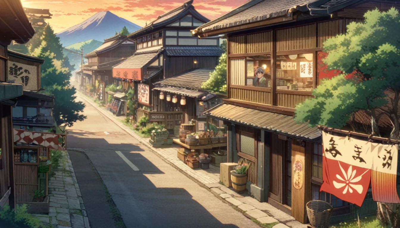 anime background, anime wallpaper, anime, anime style, admiration, admiration style,, mountains, uphill, japanese showa era architecture, small japanese shops, big retro japanese shop signs, retro japan shop, tree, plant, rock, flowerpot, shop sign, japanese banner, japanese sign, flag, sunrise, golden hour, golden lighting, empty street, nobody in sight, (nobody: 1), Top quality, ghibli, Taisho Roman,lofi art