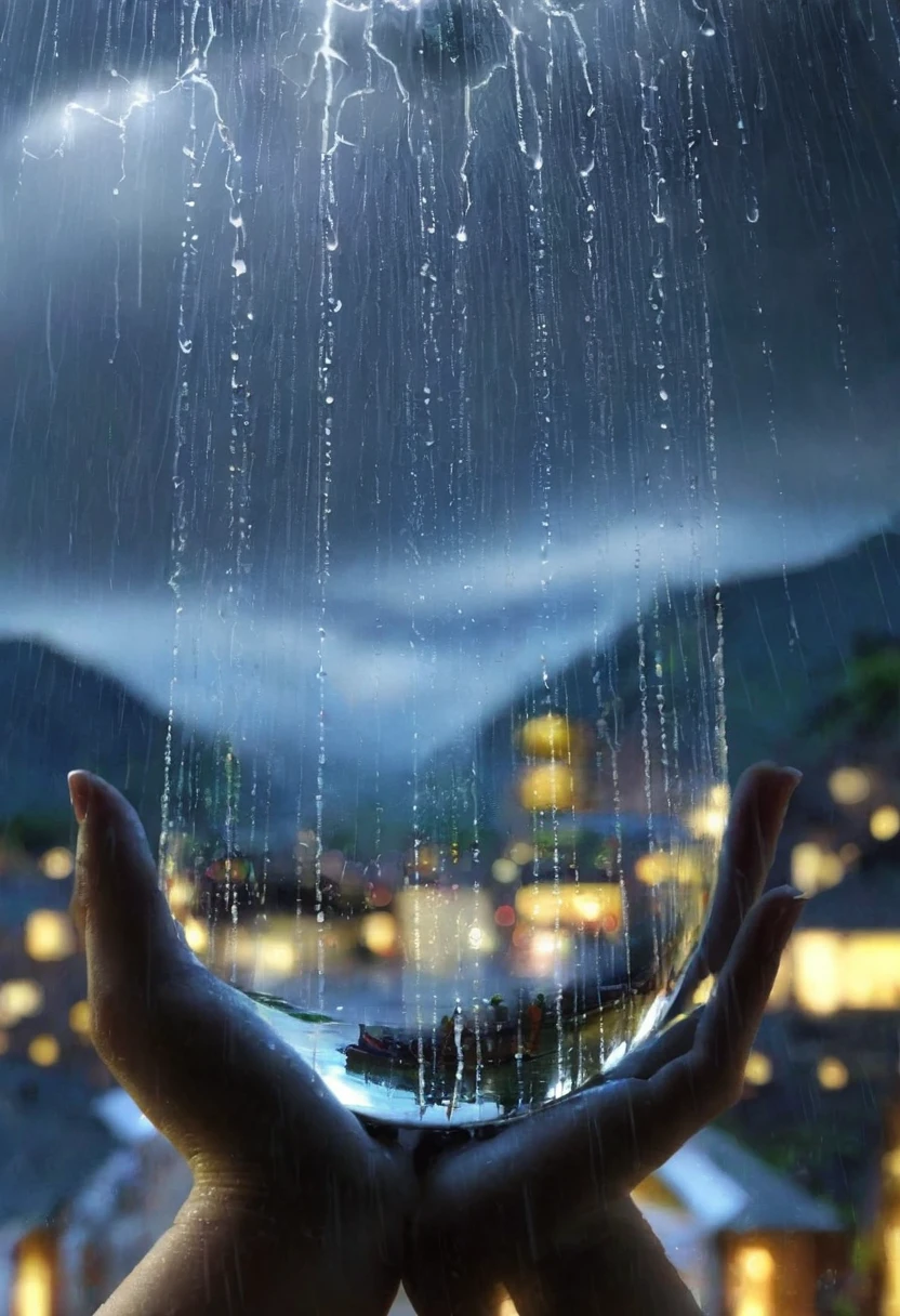 I am the rain that refreshes everything it touches and gives life ,I have seen many parts of the world and touched many beautiful things that are very small and I have seen them grow. This is the message I send to you to take care of them, but because of their size they do not stop being important. , very real style with a magical background and a spectacular rain touching the smallest beings , 24k unique piece piece of art beautiful colors spectacular details use the rules of composition use the cinema lights