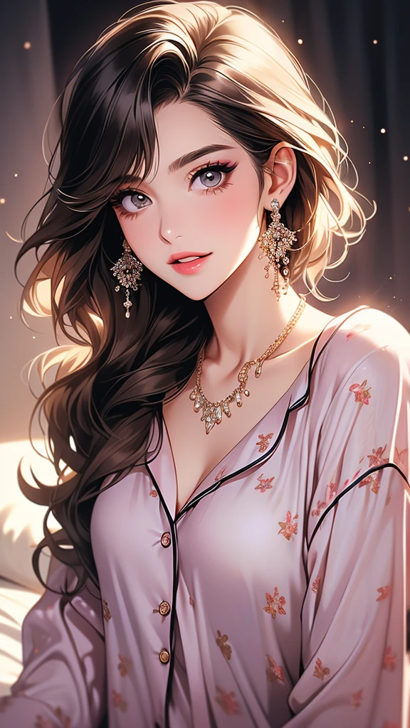 (This is a photo of the upper body), Pretty Face, Highly detailed face and skin textures, (Beautiful eyes), Brown eyes, Double eyelids, Sparse eyebrows, Glitter Eyeliner: 1.2, Natural cheeks, Glowing skin, White skin, (((Wearing pajamas))), Shiny necklaces and earrings, (Glossy lips: 1. 4), (Charming smile), (20 years old), (curls, side fringe), short hair, scarf, ((Upper body shooting)), ((Focus on the chest and face)), Off-shoulder、Small Breasts