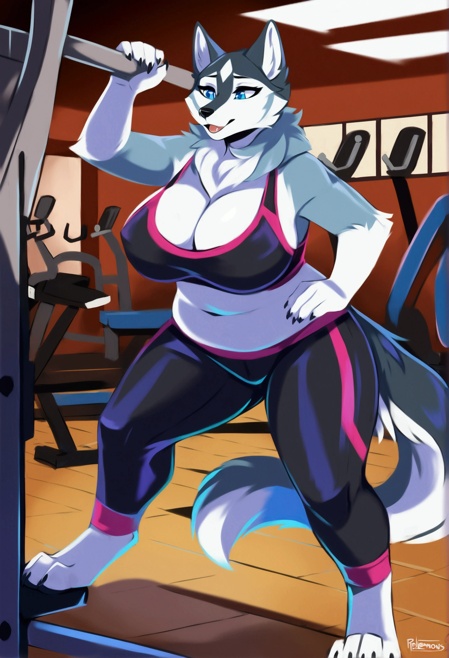 top quality, best quality, cel-shading, by purplelemons, High-quality illustrations, masterpiece)(kemono, furry anthro), round, 1 female, husky, chubby body, slightly chubby, furs, fluffy, tail, big breasts, perfect eyes, blue eyes, workout clothes, gym, working out, body movement, body twitching,