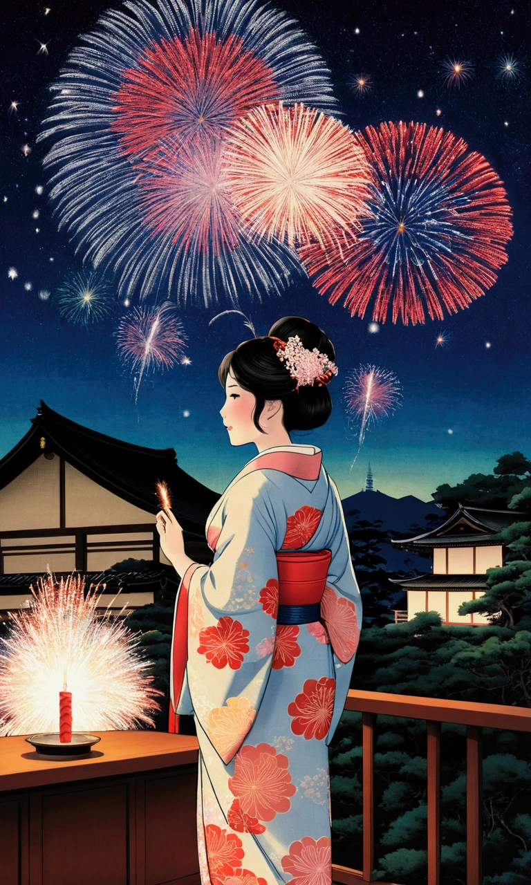 Taisho Romance A woman in a very beautiful kimono shrineでfireworkを見ている Very beautiful Japanese women firework Night Sky Ukiyo-e Night Skyにfirework 日本のfirework shrine