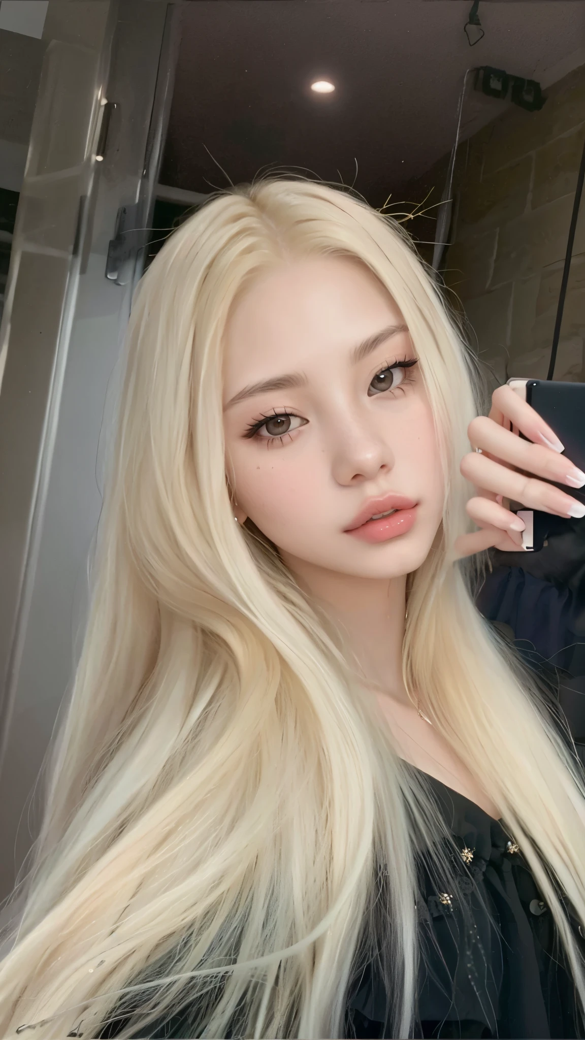 a close-up of Jennie taking a selfie in a black dress, 18 years old, ava max, long blonde hair and big eyes, a gorgeous blonde, 21 years, with long blonde hair, 2 4 year old female model, 22 years old, jaw dropping beauty, Kailee Mandel, violet myers, jennie blackpink