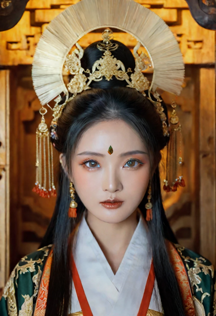 Asian woman in elaborate national costume, luxurious shrine, Atmosphere in the movie theater, (best quality,4K,8ก,height,Masterpiece:1.2),Very detailed,(realistic,photorealistic,photo-realistic:1.37),(look at viewer),Highly detailed face,Beautifully detailed eyes,Beautifully detailed lips,ดวงตาและใบหน้าที่มีรายVery detailed,Long eyelashes,Intricate set design,luxurious shrine background,warm light,Stunning shadow,bright colors,photorealistic
