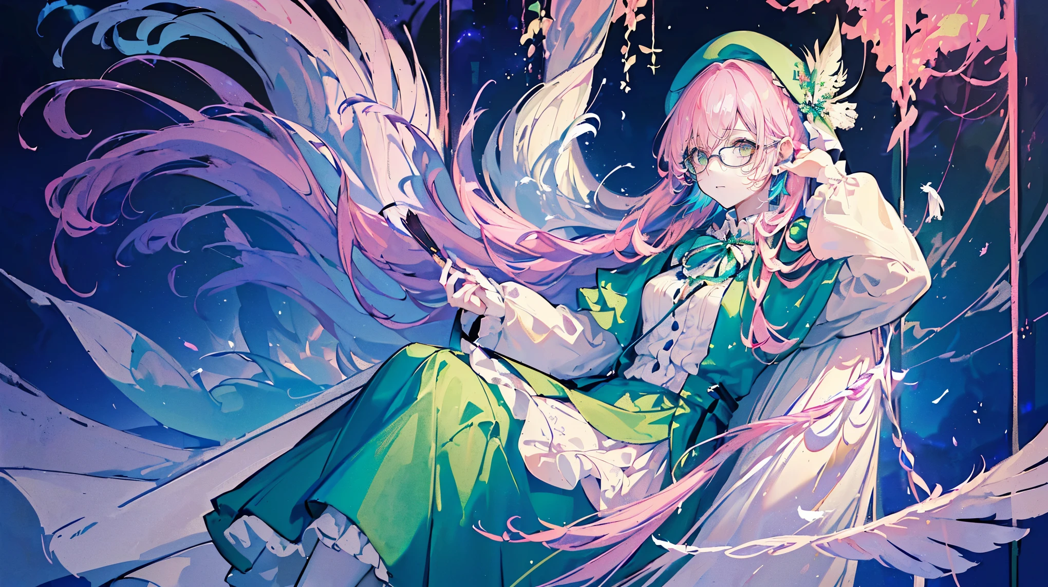 (Super detailed)),((illustration)),((masterpiece)),(((need))),((fine、Highest quality CG Unity 8K wallpapers,masterpiece),((4K,masterpiece,best quality)),Woman with pink hairstyle,Long hair,writer,Wearing a beret,Eyes like sapphires,wearing glasses,Born into nobility,Wearing a plain fluffy long skirt made of white fabric,Wearing a green coat,Wearing white shoes,Medium breasts,Sitting on a white bench, looking down in thought,Stepping on the clouds,Mature and wise when meditating,Holding a feather pen in his right hand, he is creating,In a carriage,Outside is a universe filled with stars,individual,Full body picture