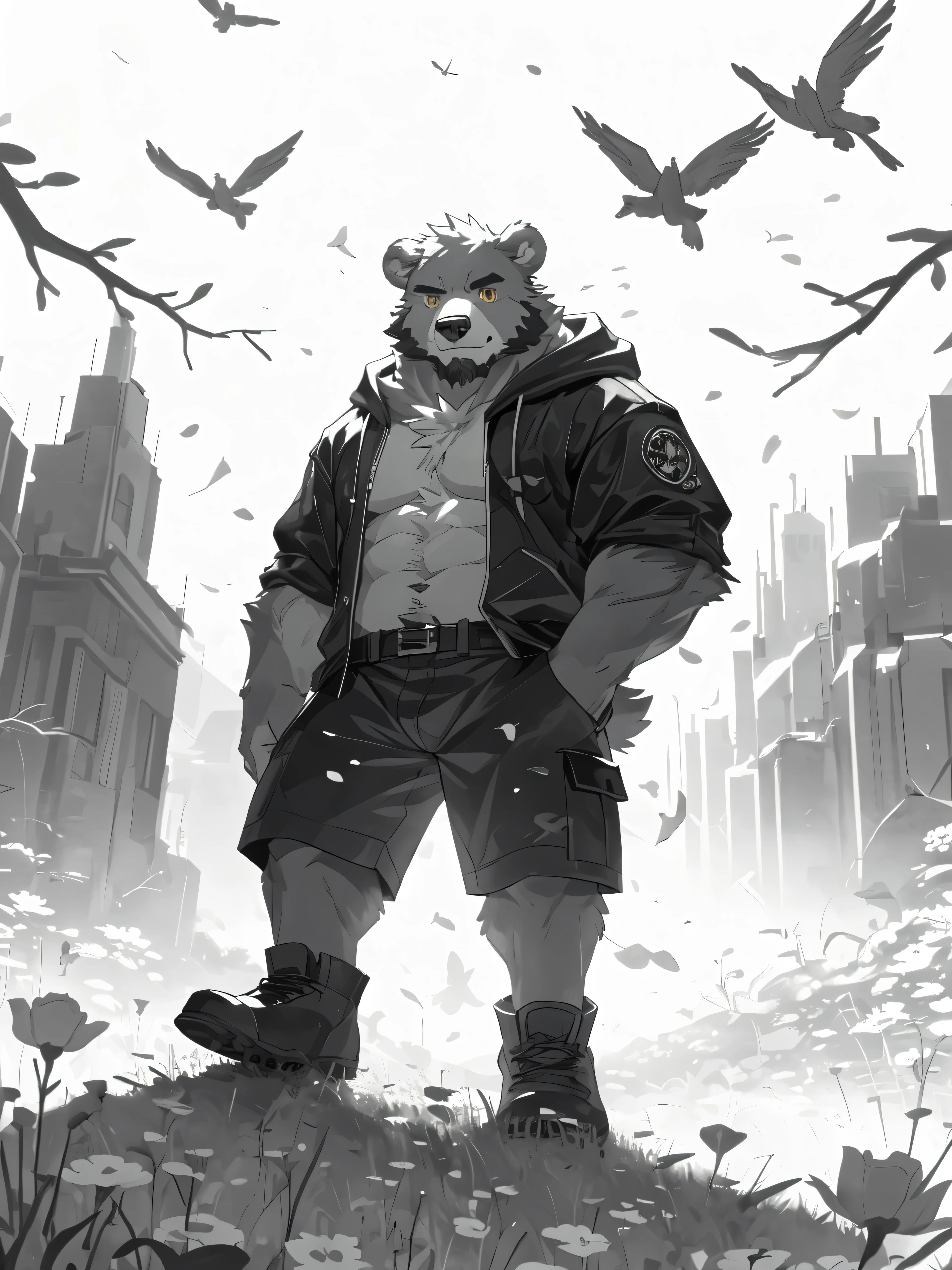 ultra-detailed,extremely detailed and beautiful, sky and white cloud and sunset glow background,ultra-detailed birds, (floating city in bloom, Floating petals, blooming gardens in the sky, many vines on the wall:1.2),Imagination,(masterpiece:1.2), best quality,pixiv,official art,perfect anatomy, (Ray tracing, light),solo, (1_male:1.3) , (muscle), (grey fur:1.4), (muscle bear), (beard:1.2), (gleaming golden eyes), bear tail,Thick black eyebrows, (open short hoodie), (naked inside),cargo shorts,short boots, (pure white background: 1.3), looking at viewer,dynamic pose, line art,(monochrome:1.3)