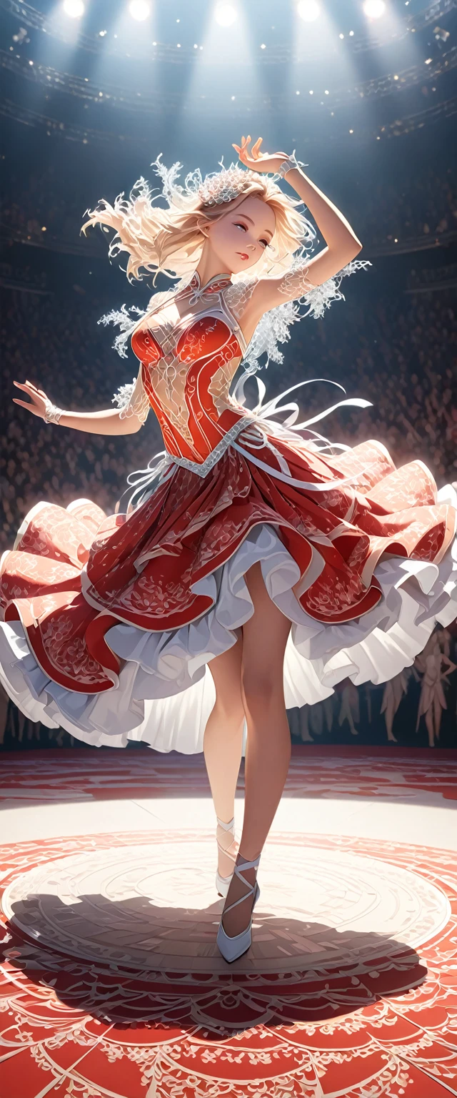 Long-haired dancer wearing red gauze skirt.white ribbon.Classical and elegant dance costumes.Dancing on the stage.Beautiful and extremely textured foreground and background，detailed, bright, Animation style high definition and high quality presentation((Masterpieces in up to 16K resolution):1.6),((soft_color_photography:)1.5), ((Super detailed):1.4),((Typical static images and dynamic angles):1.3), ( perfect anatomy )Complex patterns, soft shadows, highly detailed structures, digital art, high detail, 