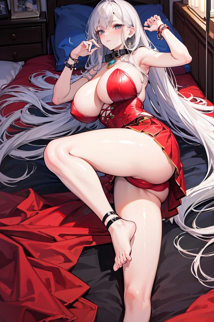 A woman with big ,Beauty,female pervert,White long hair,Idol Style,Red Skirt,Rosette,weak,y,Color,Collar,Lying in bed,Leg Chains,