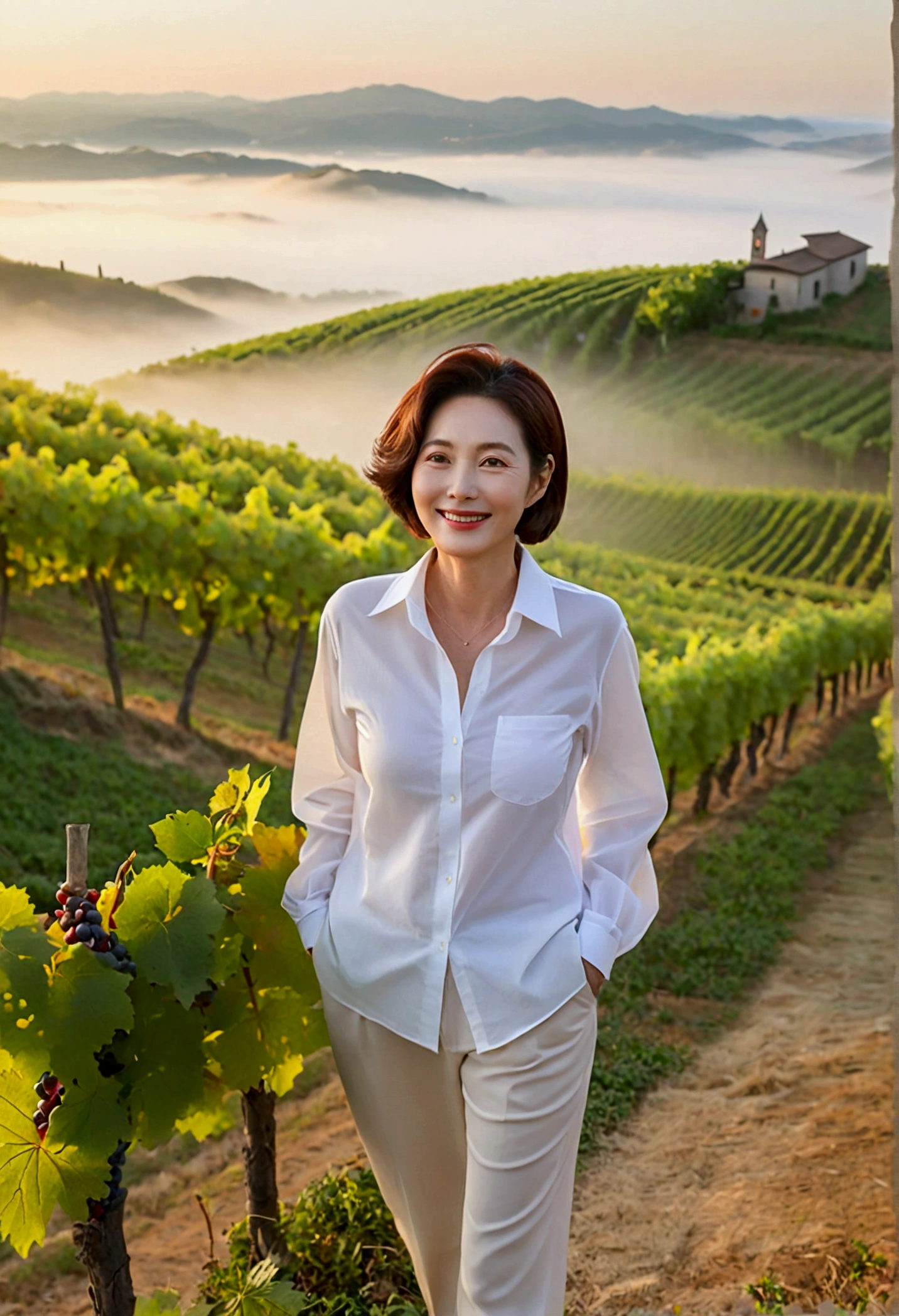 Italy foggy countryside dawn, Endless vineyards, A cathedral can be seen far away in the fog.. Close-up of a Korean woman in her 40s, Wearing a luxury brand long-sleeved white shirt, Gamjangseok casual pants, Korean woman with beautiful short medium bob hair, Standing on a path on top of a vineyard hill, Korean woman with bright and beautiful skin, Stunning Korean woman smiling, standing in the vineyard , 1 woman