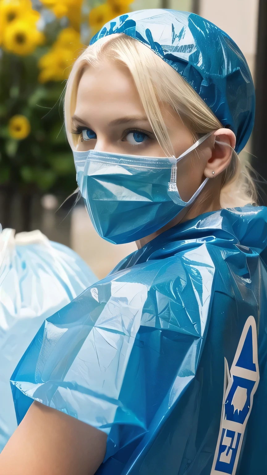 a stunningly beautiful blond woman wearing blue plastic garbage bags printed with biohazard symbols, forced against her will, bright day, extremely photorealistic photo, highly detailed photo, portrait