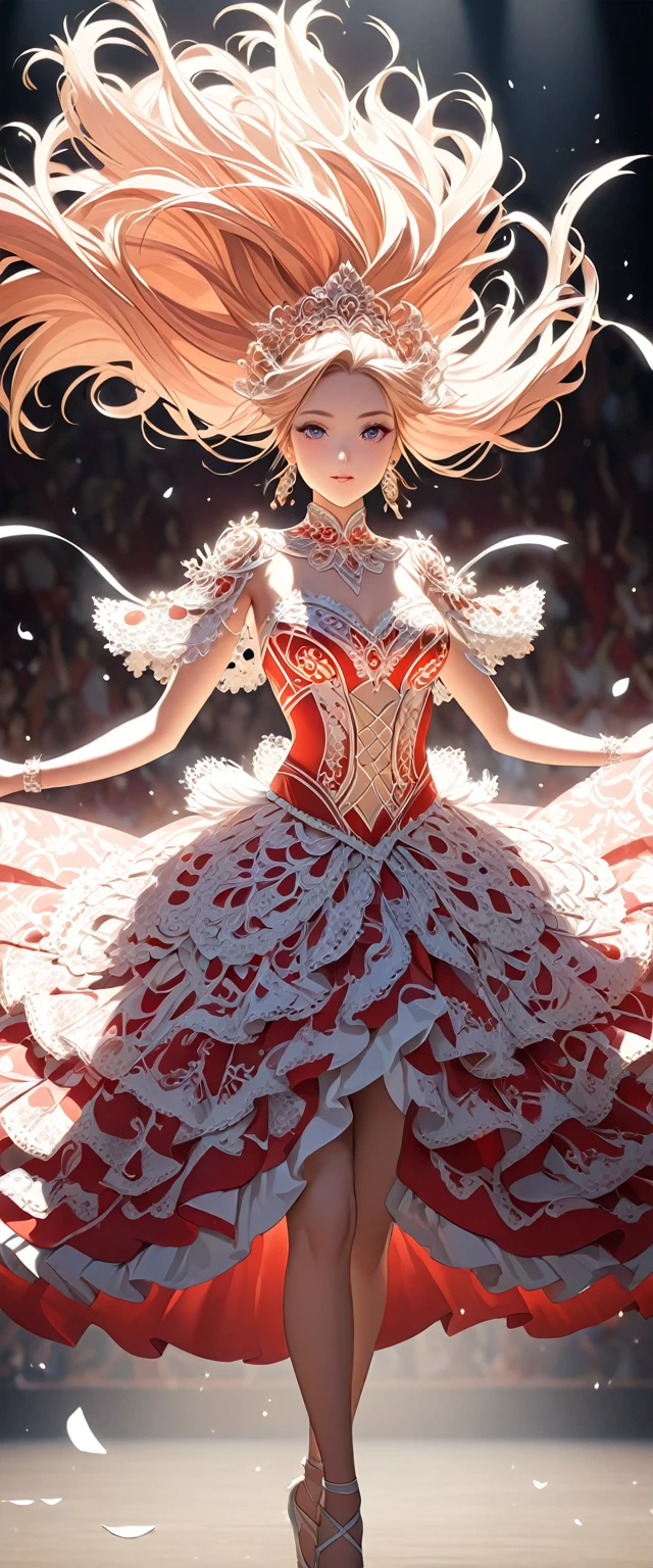 Long-haired dancer wearing red gauze skirt.white ribbon.Classical and elegant dance costumes.Dancing on the stage.Beautiful and extremely textured foreground and background,detailed, bright, Animation style high definition and high quality presentation((Masterpieces in up to 16K resolution):1.6),((soft_color_photography:)1.5), ((Super detailed):1.4),((Typical static images and dynamic angles):1.3), ( perfect anatomy )Complex patterns, soft shadows, highly detailed structures, digital art, high detail,