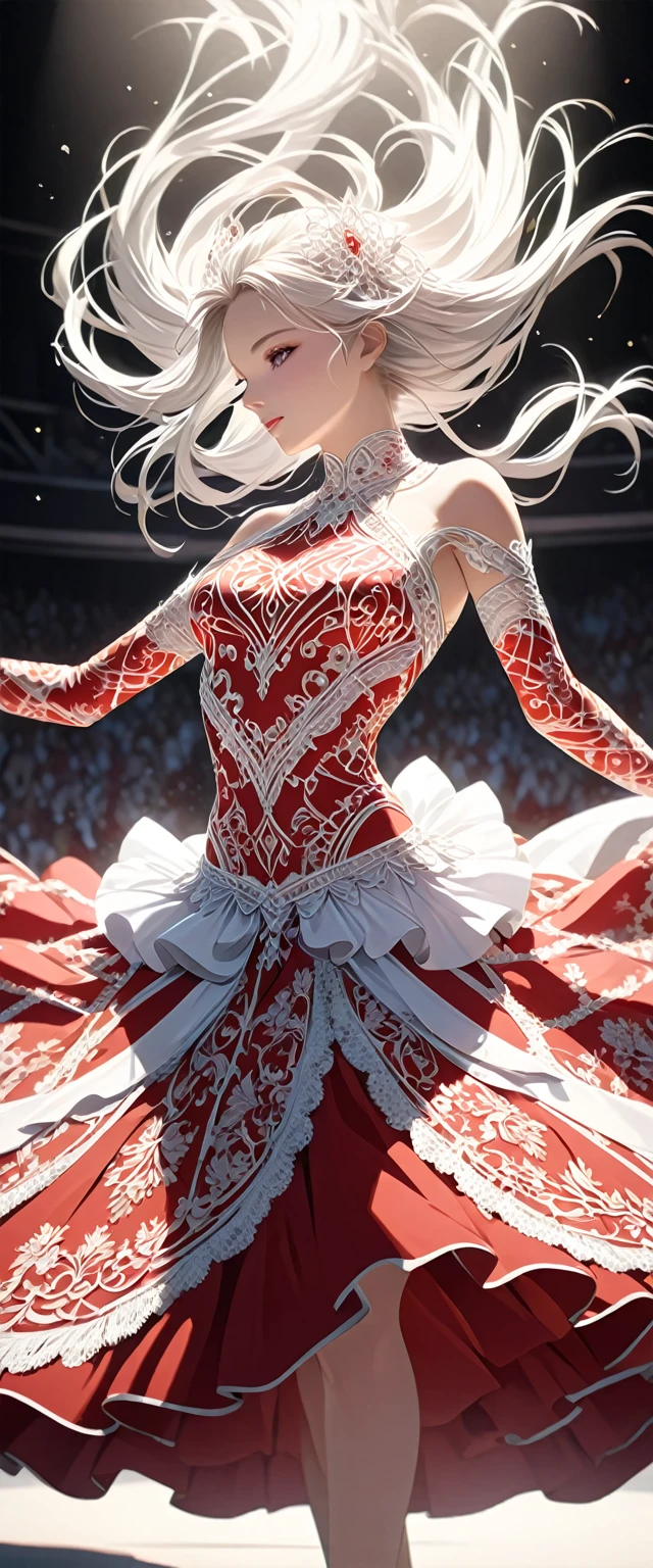 Long-haired dancer wearing red gauze skirt.white ribbon.Classical and elegant dance costumes.Dancing on the stage.Beautiful and extremely textured foreground and background，detailed, bright, Animation style high definition and high quality presentation((Masterpieces in up to 16K resolution):1.6),((soft_color_photography:)1.5), ((Super detailed):1.4),((Typical static images and dynamic angles):1.3), ( perfect  )Complex patterns, soft shadows, highly detailed structures, digital art, high detail, 