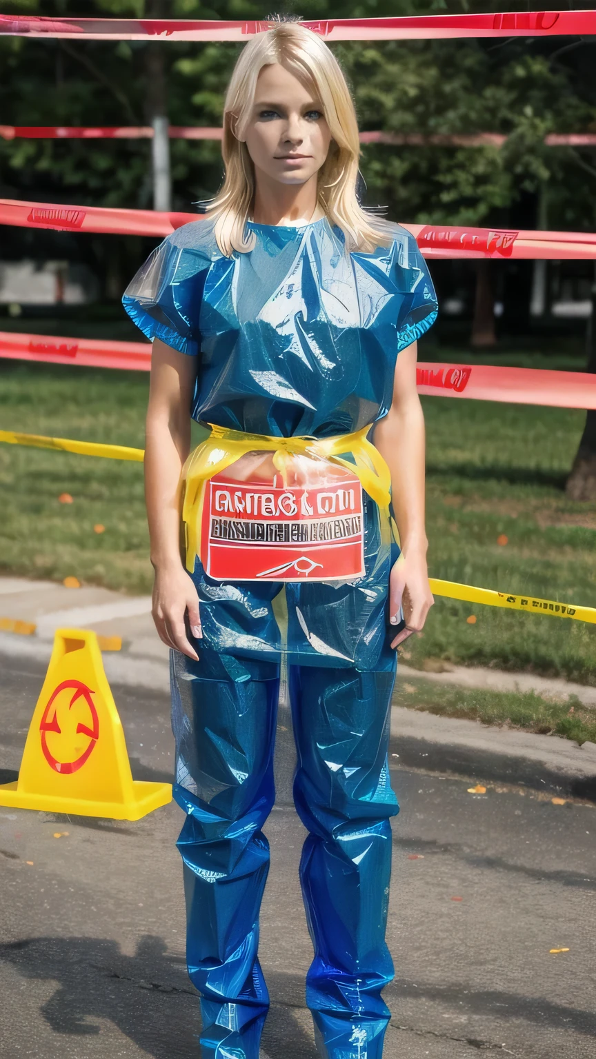 a stunningly beautiful blond woman wearing blue plastic garbage bags printed with biohazard symbols, helplessly wrapped with red caution tape, forced against her will, bright day, extremely photorealistic photo, highly detailed photo, full body photo