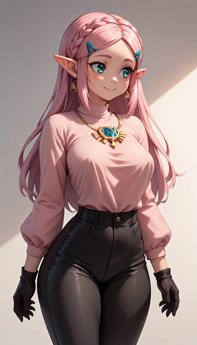 High resolution, Very detailed, perfect lighting, beautiful detailed eyes, ((masterpiece,Best Quality)), absurdities, alone, princess zelda, by the width, crown braid, Hair clip, pointy ears, pink shirt, long sleeves, Gloves without fingers, black gloves, Black pants, tight pants, smile, curves, nod, , deep neckline, deep neckline, bare breasts, bare breasts, NSFW, visible nipples, visible nipples , pink hair, pink hair, looking ahead, looking ahead, acercamiento, acercamiento 