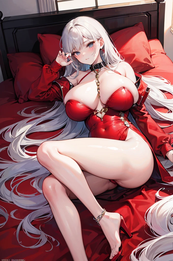 A woman with big ,Beauty,female pervert,White long hair,Eye,Red Dress,weak,Sexy,Color,Collar,Lying in bed,Leg Chains,
