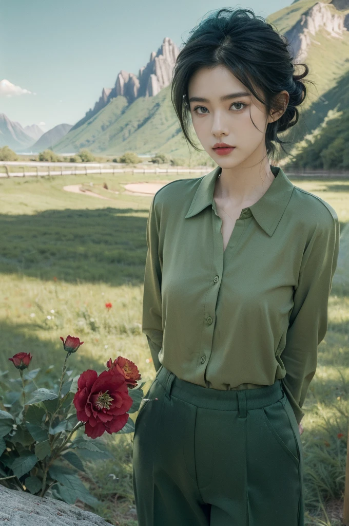 (((best quality))),(((ultra detailed))),(((masterpiece))),illustration,((1 beautiful girl,tomboy,solo)),(short black hair:1.3),((slim,thin)),((small breasts,thin)), vigorous, confident, (light green collared shirt:1.3), (dark green pants:1.2),(standing:1.3),simplicity, robustness, strong features, (Abandoned Gobi Scene:1.3),(Rock surface:1.2),glowing eyes, rebellious, sensible, (mountainous landscape:1.3), (only one vibrant red flower:1.3),elegance, unyielding spirit, youthful beauty, strength, resilience, adversity, challenges,((from front,upper body))