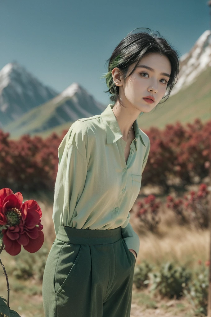 (((best quality))),(((ultra detailed))),(((masterpiece))),illustration,((1 beautiful girl,tomboy,solo)),(short black hair:1.3),((slim,thin)),((small breasts,thin)), vigorous, confident, (light green collared shirt:1.3), (dark green pants:1.2),(standing:1.3),simplicity, robustness, strong features, (Abandoned Gobi Scene:1.3),(Rock surface:1.2),glowing eyes, rebellious, sensible, (mountainous landscape:1.3), (only one vibrant red flower:1.3),elegance, unyielding spirit, youthful beauty, strength, resilience, adversity, challenges,((from front,upper body))