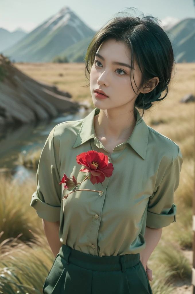(((best quality))),(((ultra detailed))),(((masterpiece))),illustration,((1 beautiful girl,tomboy,solo)),(short black hair:1.2),((slim,thin)),((small breasts,thin)), vigorous, confident, (light green collared shirt:1.3), (dark green pants:1.2),(standing:1.3),simplicity, robustness, strong features, (Abandoned Gobi Desert Scene:1.3),glowing eyes, rebellious, sensible, (mountainous landscape:1.3), (only one vibrant red flower:1.3),elegance, unyielding spirit, youthful beauty, strength, resilience, adversity, challenges,((from front,upper body))