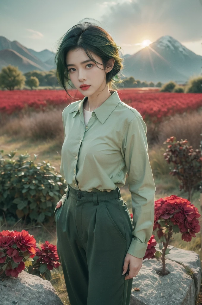 (((best quality))),(((ultra detailed))),(((masterpiece))),illustration,((1 beautiful girl,tomboy,solo)),(short black hair:1.3),((slim,thin)),((small breasts,thin)), vigorous, confident, (light green collared shirt:1.3), (dark green pants:1.2),(standing:1.3),simplicity, robustness, strong features, (Abandoned Gobi Scene:1.3),(Rock surface:1.2),glowing eyes, rebellious, sensible, (mountainous landscape:1.3), (only one vibrant red flower:1.3),elegance, unyielding spirit, youthful beauty, strength, resilience, adversity, challenges,((from front,upper body))
