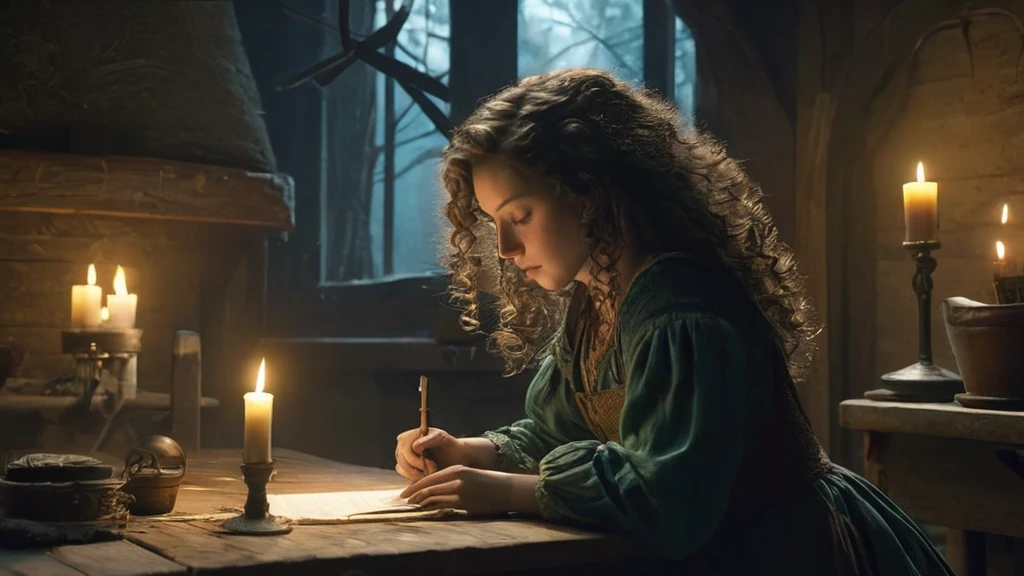 In the dimly lit room of a rustic, dark medieval cottage, a girl with brown, curly hair sits at a weathered wooden table. The flickering light of a single candle casts a warm, wavering glow across her focused face as she diligently sews by hand. Her hands move with practiced ease, threading a needle and mending a tattered piece of fabric. The room is sparsely furnished, with shadows stretching across the walls from the sparse, flickering light. Outside, the dense, foreboding forest is silent, adding to the sense of isolation. The girl’s brow furrows in concentration, her curly hair falling loosely around her shoulders as she works in the solitude of the night.