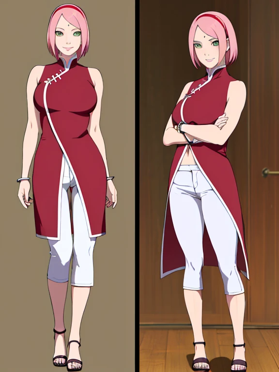 Full body, (masterpiece, 1k, anime style: 1.9, professional artwork, detailed bedroom background, intricate details, colorful, digital blending, bold drawing lines), (ultra detailed body, ultra detail hair, ultra detail face), trending on pixiv, kind smile, very hot color, best quality, 1girl, hires, haruno sakura, contrasty lighting, (forehead mark, milf, red hairband, pale skin, short hair, ((red sleeveless dress), white pants), navel, groin, bracelet, looking at viewer, crossed arms, pink hair, green eyes, smile, detailed arms, off-shoulders, muscular arms, standing), sandals