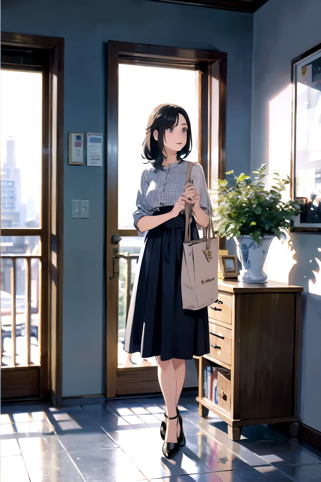A girl , a little more mature, active and wearing a casual dress, medium-long light ash blue hair, beautiful jade-colored almond eyes, about 150cm tall, outer space relay, spaceport lobby, there are a moderate number of people behind her, a check-in counter in the far right, a potted plant, a planet visible through the window to the left, she is holding a travel bag, standing to the right, facing left and looking out the window