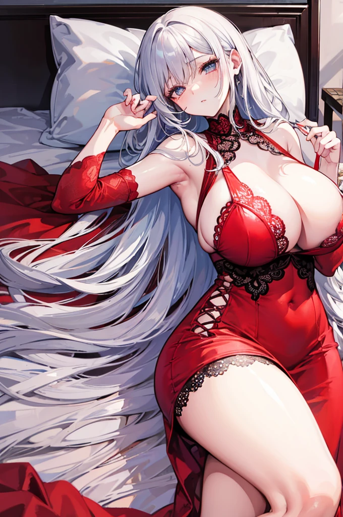 A woman with big ,Beauty,female pervert,White long hair,Eye,red lace dress,weak,Sexy,Color,Lying in bed,