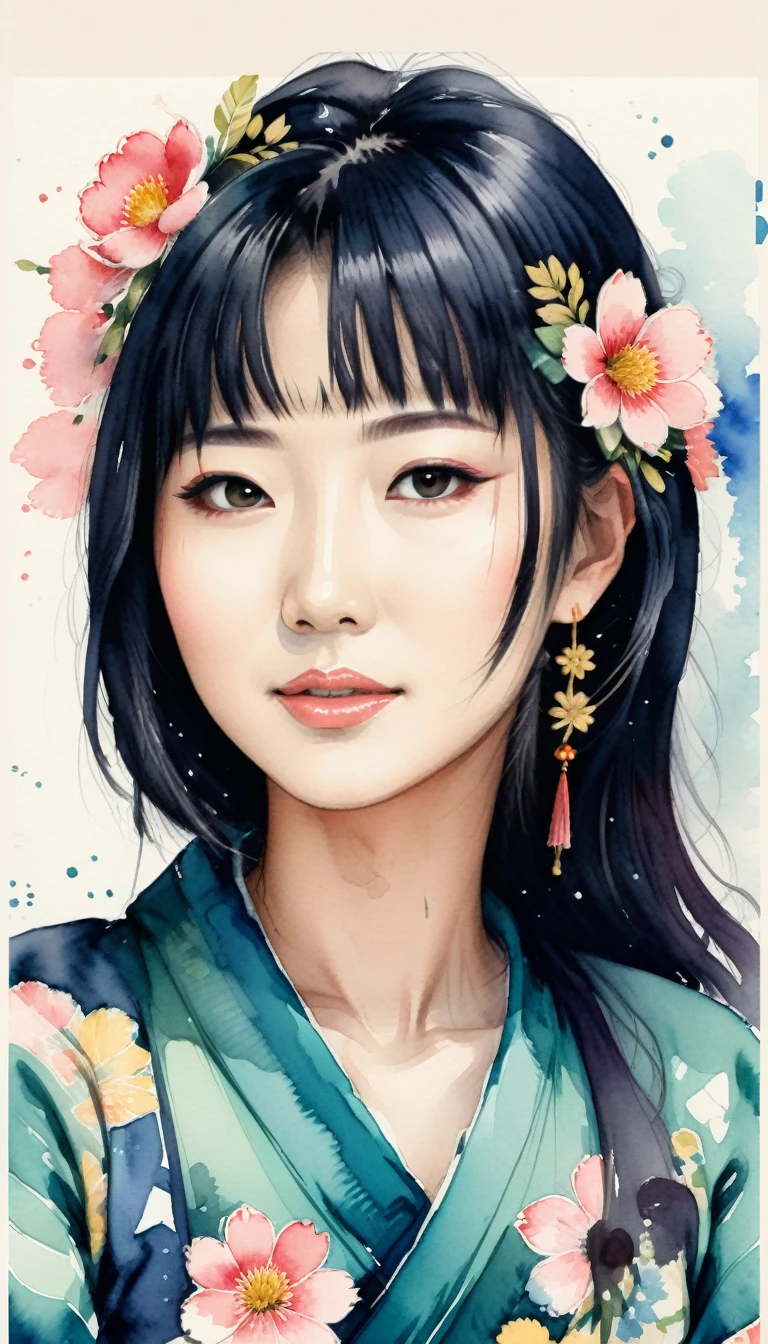 There is a drawing of a japanese woman with a flower in her hair, Portrait illustration, No estilo de arte de Bowater, detailed illustration portrait, digital illustration portrait, desenho de estilo vetorial, retrato de arte de linha, in illustration style digital, retrato estilizado, Cartoon style illustration, retrato detalhado, retrato bonito, Directed by: Milton Menasco, retrato dos desenhos animados, watercolor illustration style