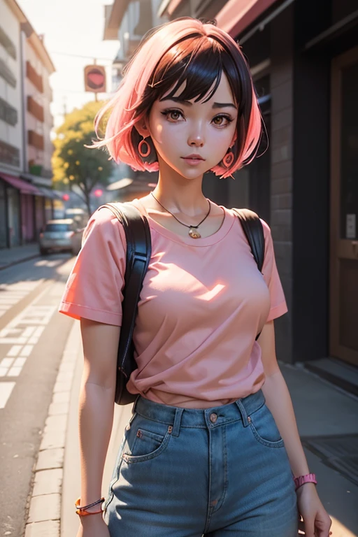 Anime girl with orange earrings and pink shirt posing for a photo, Ilya Kuvshinov. 4 thousand., digital art Ilya Kuvshinov, Ilya Kuvshinov style, art style : Ilya Kuvshinov, Ilya Kuvshinov landscape, anime style 4 thousand., breathtaking Ilya Kuvshinov, anime style. 8 K, digital anime illustration