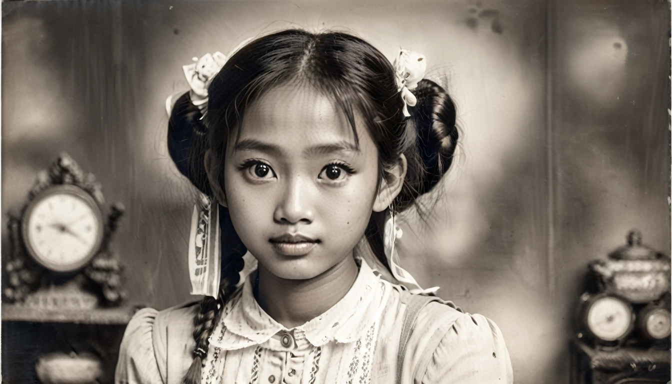 (best quality,4K,8k,highres,masterpiece:1.2), Ultra-detail, (realisti,photorealisti,photo-realisti:1.37), Black and white photography, portrait, 1941s, Southeast Asian Girl, Thai Girl, 19yearsold, direct eye contact, pigtail hair, nice, Retro Style, Vintage Mode, Big eyes