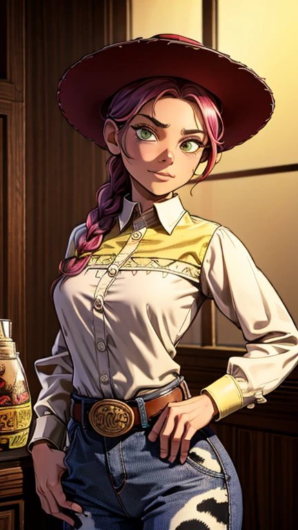 (1girk, JessieWaifu, single braid, single braid, (hat, shirt, animal print pants, belt)), (extremely detailed CG unit 8k wallpaper),(master part), (best quality), (ultra detail), (best illustration),(melhor ombre), cowboy shot, (Sharp eyeliner, ombre, detail eyes), wild west saloon interiors background, ,break , (WildWest), upper body