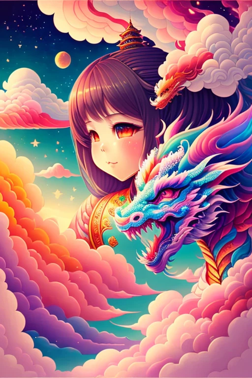 One girl, masterpiece, Highest quality, Merging with the Chinese Dragon, Ajasy、Colorful Clouds、universe、fantasy
