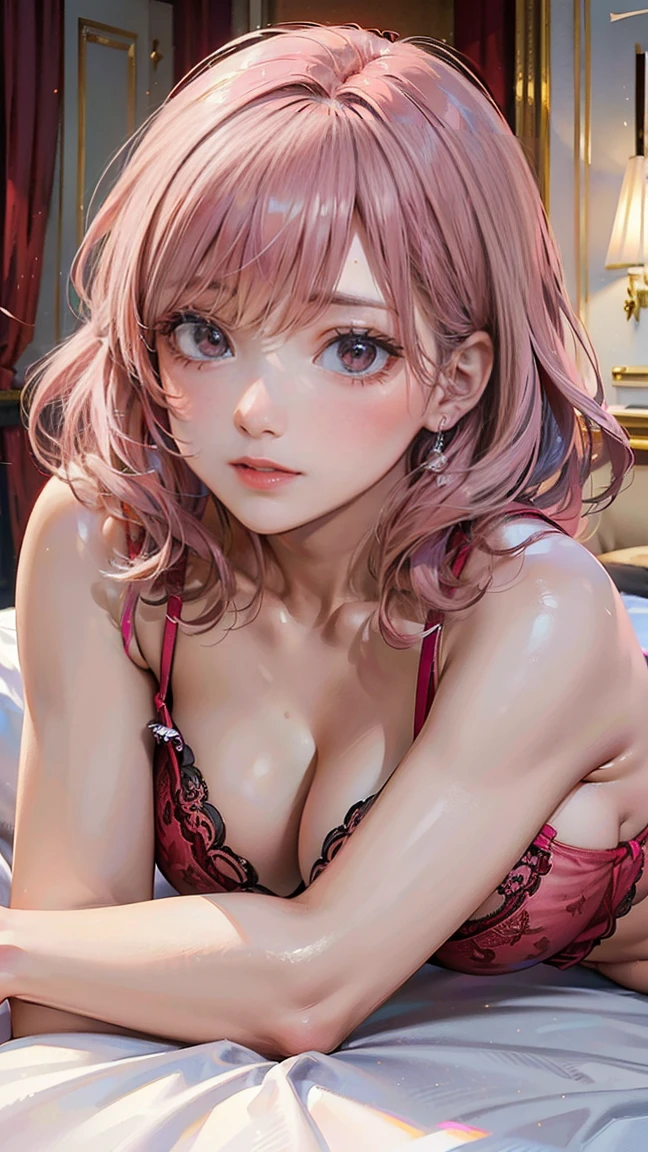 ((Highest quality, 8k, masterpiece :1.3)), (Sharp focus :1.2, Beautiful woman with perfect figure :1.4, Slim Abs), ((Big Breasts, Emphasize cleavage:1.2)), (Photorealistic:1.4), (realistic:1.4), (Pink Hair:1.5), Highly detailed face and skin texture, Fine grain, double eyelid. Makeup face, A little bit of lipstick, sex appeal, Sexy gravure pose, ((A beautiful woman wearing red see-through lingerie、Lying down in a luxury hotel bedroom in Paris, showing off her legs。:1.3))