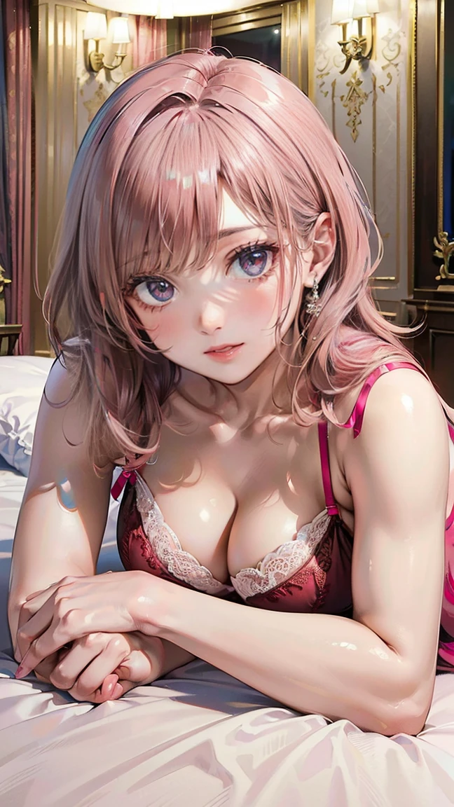 ((Highest quality, 8k, masterpiece :1.3)), (Sharp focus :1.2, Beautiful woman with perfect figure :1.4, Slim Abs), ((Big Breasts, Emphasize cleavage:1.2)), (Photorealistic:1.4), (realistic:1.4), (Pink Hair:1.5), Highly detailed face and skin texture, Fine grain, double eyelid. Makeup face, A little bit of lipstick, sex appeal, Sexy gravure pose, ((A beautiful woman wearing red see-through lingerie、Lying down in a luxury hotel bedroom in Paris, showing off her legs。:1.3))