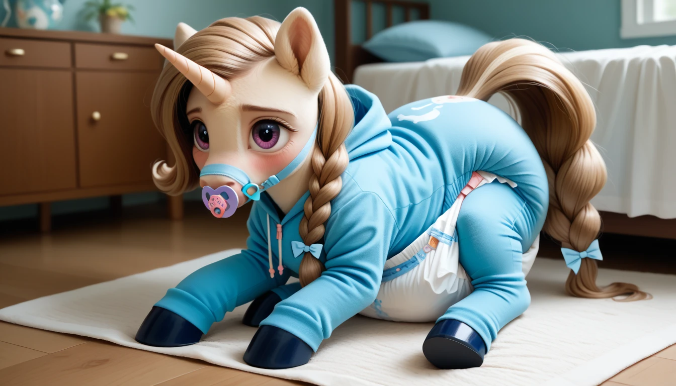 pony, light caramel unicorn, adult mare, plum eyes, lush mane braided, bushy tail, sitting on a soft play mat, dressed in bright blue onesie adult size and blue booties adult size, pacifier in mouth, solo, thick dark blue diaper under clothes, bulge on the back of the diaper, between the hind hooves and on the front of the diaper, sagging diaper, pink blush on cheeks, embarrassment, awkwardness.