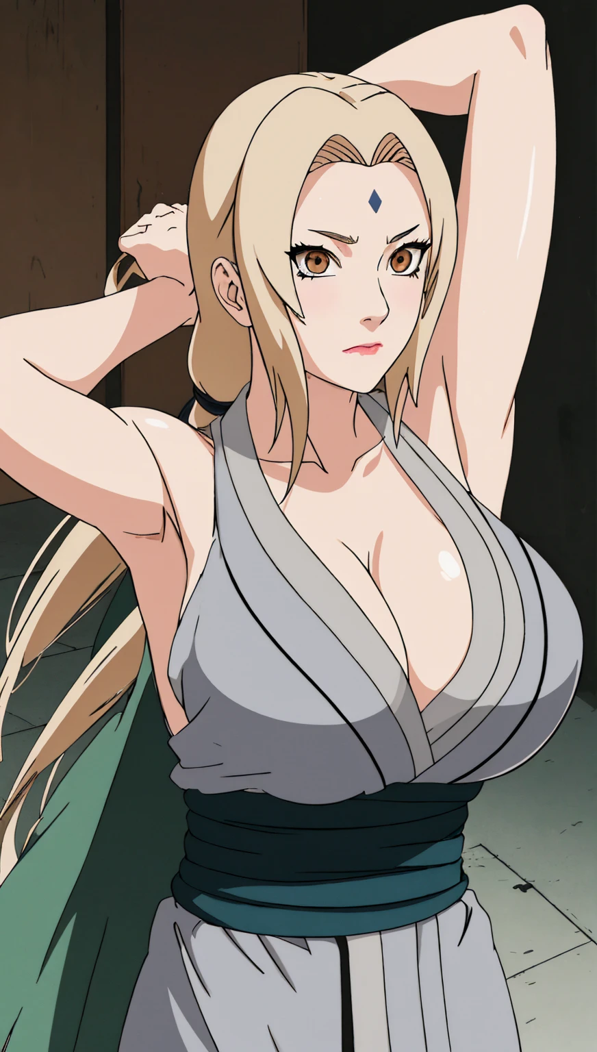 (masterpiece, Highest quality:1.2), alone, One Girl, Tsunade Defense, Forehead mark, View your viewers,((Embarrassed face、Put your arms behind your head、Both armpits are fully visible、Torn clothes))、Green haori, Gray kimono, sash, pants 、Upper body close-up、Close-up of a person、Beautiful girl with beautiful details, very cute, Beautiful girl with beautiful details, Professional photography lighting, Highly detailed eyes and face, Beautiful eyes in every detail、Beautiful detailed hair, Beautiful and exquisite cold face、