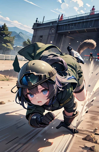 helmet,girl,army,battle field,holding_weapon,cat years,cute,dynamic angle,fight!,masterpiece,best quality,super fine illustration,perfect hands,perfect face,8k,detailed background,in city,Break she is running forward.