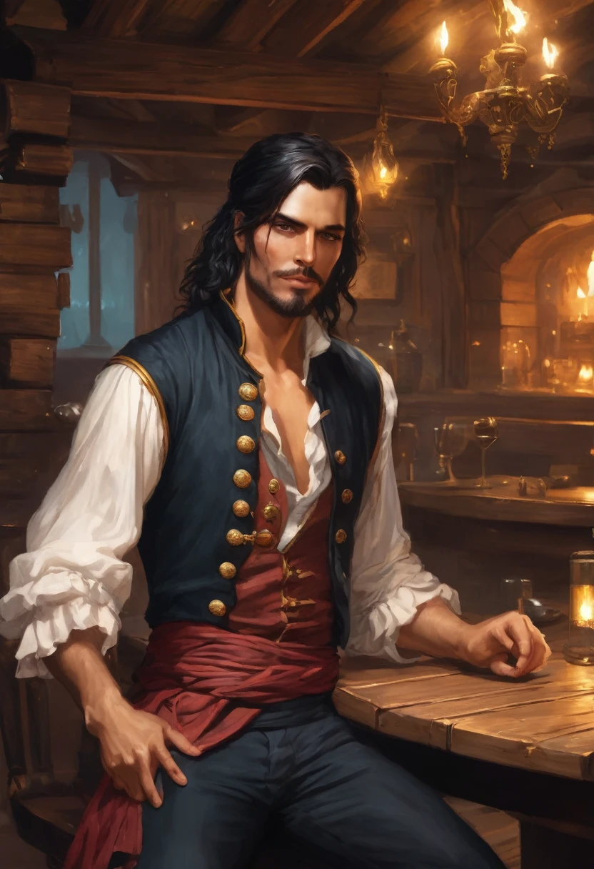 A handsome pirate sits in a tavern and seduces a girl, He has dark hair, he is richly dressed, He's skinny