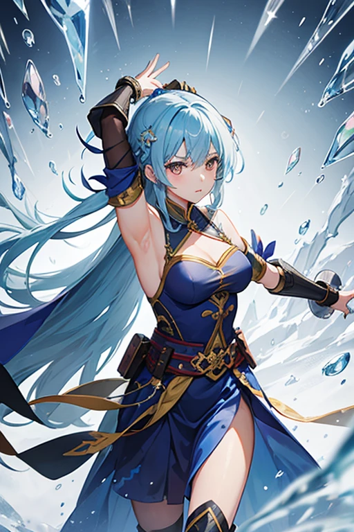 A female warrior who casts a spell that causes countless icicles to rain down on her head.。