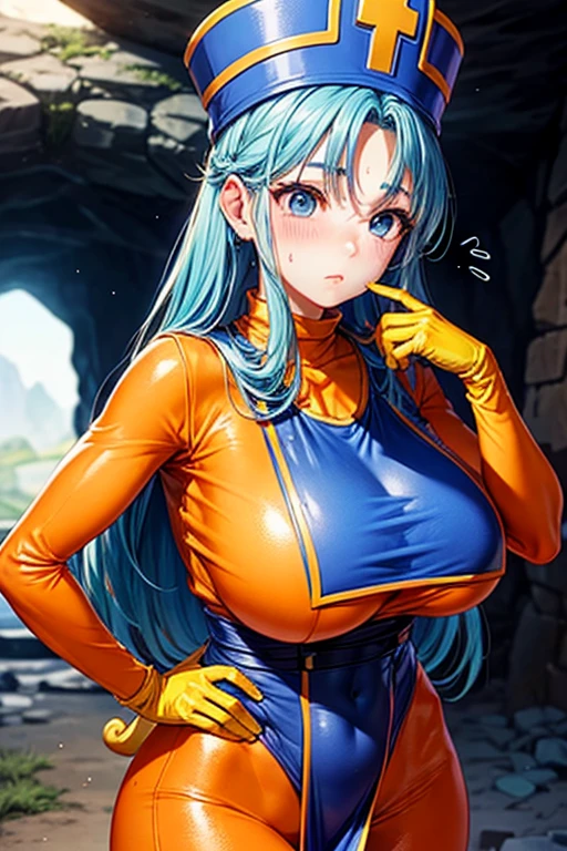 masterpiece, Highest quality,  Unreal Engine,  Super Resolution,  Very detailed, 

Beautiful woman, Dragon Quest Female Monk, long sky blue hair, Blue priest hat, Orange bodysuit, (((Brutabad:1.5))), Elbow-length gloves, Vivid expression, Healthy Body, Beautifully detailed sweat glands, Smooth skin texture, Carefully drawn, 

(humidity:1.5), (Hot Temperatures:1.5), Beautiful Eyes, (Attractive face:1.2), (Beautiful Skin), Tight waist, (Big Breasts), Round Breasts, (Sticky with sweat), Irresistibly sexy pose, 

In the world of Dragon Quest, (Inside the cave where you can see magma), 